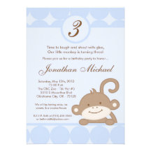 5x7 Boy Blue PolkaDot Monkey Birthday Invitation