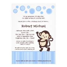 5x7 Boy Blue Pop Monkey Dance Birthday Invitation