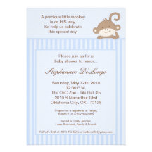 5x7 Boy Blue Stripe Monkey Baby Shower Invitation