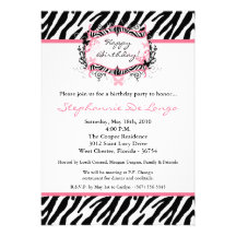 5x7 Butterfly Zebra Print Birthday Part Invitation
