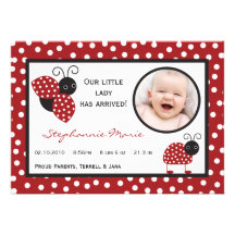 5x7 Crimson Red Lady Bug Photo Birth Announcement