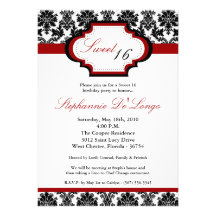 5x7 CrimsonRed Damask Sweet 16 Birthday Invitation