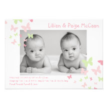 5x7 Girl Twins Butterfly Photo Birth Announcement