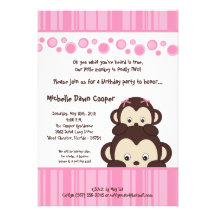 5x7 Girly Pink Pop Monkey Birthday Invitation