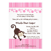 5x7 Girly Pink Pop Monkey Birthday Invitation