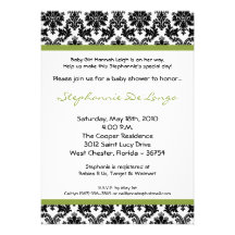 5x7 Green Lime Black Damask Baby Shower Invitation