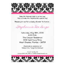 5x7 Hot Pink Black Damask Baby Shower Invitation
