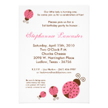 5x7 Pink Spring Lady Bug Birthday Party Invitation
