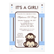 5x7 Pop Monkey Blue Jungle Baby Shower Invitation