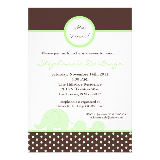 5x7 TWINS Mod Gree Elephant Baby Shower Invitation