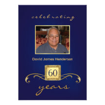60th Birthday Invitations - Monogram Blue & Gold