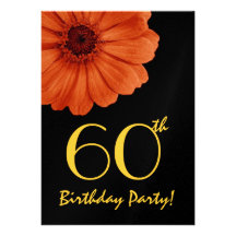60th Birthday Orange Gold Black Daisy Metallic Announcements