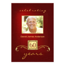 60th Birthday Party Invitations- Red Gold Monogram