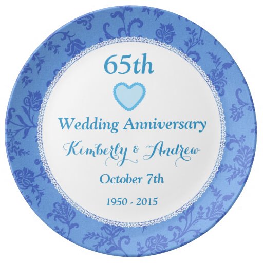 65th Wedding Anniversary SKY BLUE Damask W65A Porcelain Plates ...
