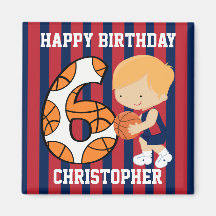 6th Birthday Blue and Red Basketball Player Magnet