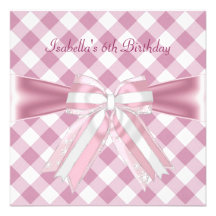 6th Birthday Party Pretty Pink Bow Gingham Check Personalized Invitation