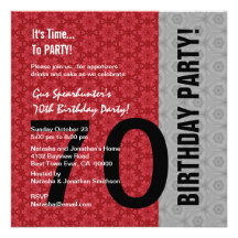 70th Birthday Modern Red Silver Black Funny D848 Personalised Invitation