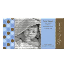 8x4 Birth Announcement Blue and Brown Polka Dots Personalized Photo Card