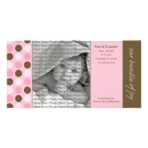 8x4 Birth Announcement Pink and Brown Polka Dots Personalized Photo Card