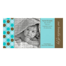 8x4 Birth Announcement Teal and Brown Polka Dots Personalised Photo Card