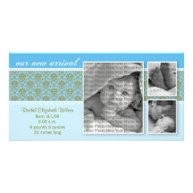 8x4 Blue Baroque 3-Photo Birth Announcement Photo Card Template