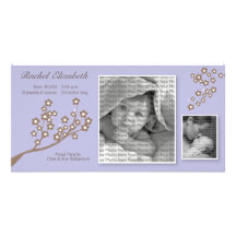 8x4 Branch Design Birth Announcement Purple/Brown Photo Card Template