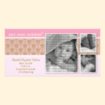8x4 Pink Baroque 3-Photo Birth Announcement photo cards