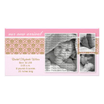 8x4 Pink Baroque 3-Photo Birth Announcement Photo Greeting Card