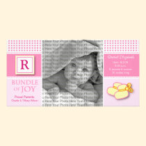 8x4 Pink Gingham Monogrammed Birth Announcement photo cards