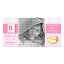 8x4 Pink Gingham Monogrammed Birth Announcement Custom Photo Card