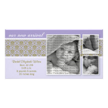 8x4 Purple Baroque 3-Photo Birth Announcement Photo Card Template