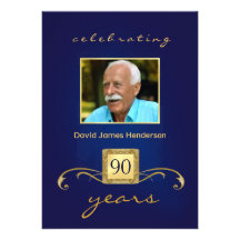 90th Birthday Party Invitations - Blue Monogram