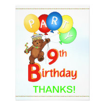 9th Birthday Party Bear Thank You Invite