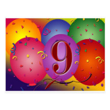 9th Birthday Party Colourful balloons Postcard