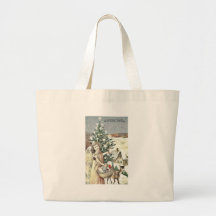 A girl standing with basket of gifts near christma bags