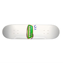 A green keytar with a blue strap graphic, skateboards