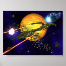 A spaceship clearing asteroids posters