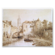 A view of a town with a bell tower photo art