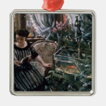 A Woman Reading near a Goldfish Tank Ornament