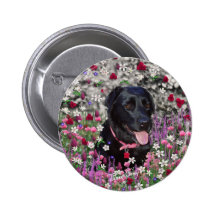 Abby in Flowers - Black Labrador Button