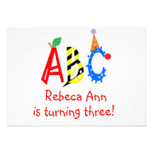 ABC Turning 3 Third Birthday Party Invitaitons Personalized Announcements
