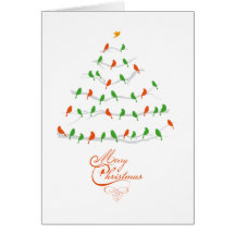 Abstract Christmas tree with red and green birds Greeting Cards