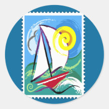 Abstract Sailboat and Sun Stamp Round Stickers