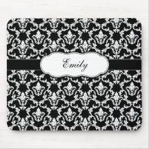 Add Your Name Black on White Damask Mousepad