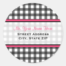 Address Label - Charcoal Grey Gingham Round Stickers