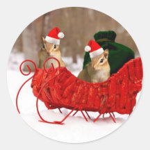 Adorable Santa Baby Chipmunks in Sleigh Round Sticker