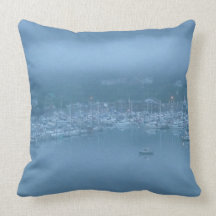 Alaska Marina in Morning Mist, blue throw pillow