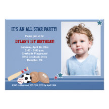 All Stars Sports *PHOTO* Birthday 5x7 Personalised Invite