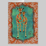 Amber & Azure Giraffes Damask Monogram Notecard cards