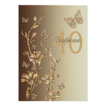 Amber, Brown Flowers & Butterflies 40th Birthday Personalized Invites